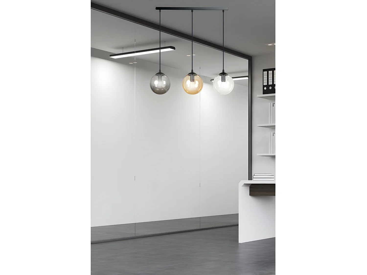 Suspension linéaire Sagan noir moderne avec sphères en verre de différentes couleurs 3xE14