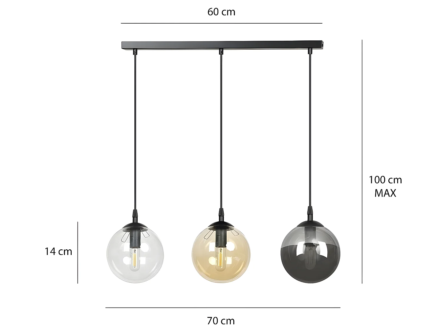 Suspension linéaire Sagan noir moderne avec sphères en verre de différentes couleurs 3xE14