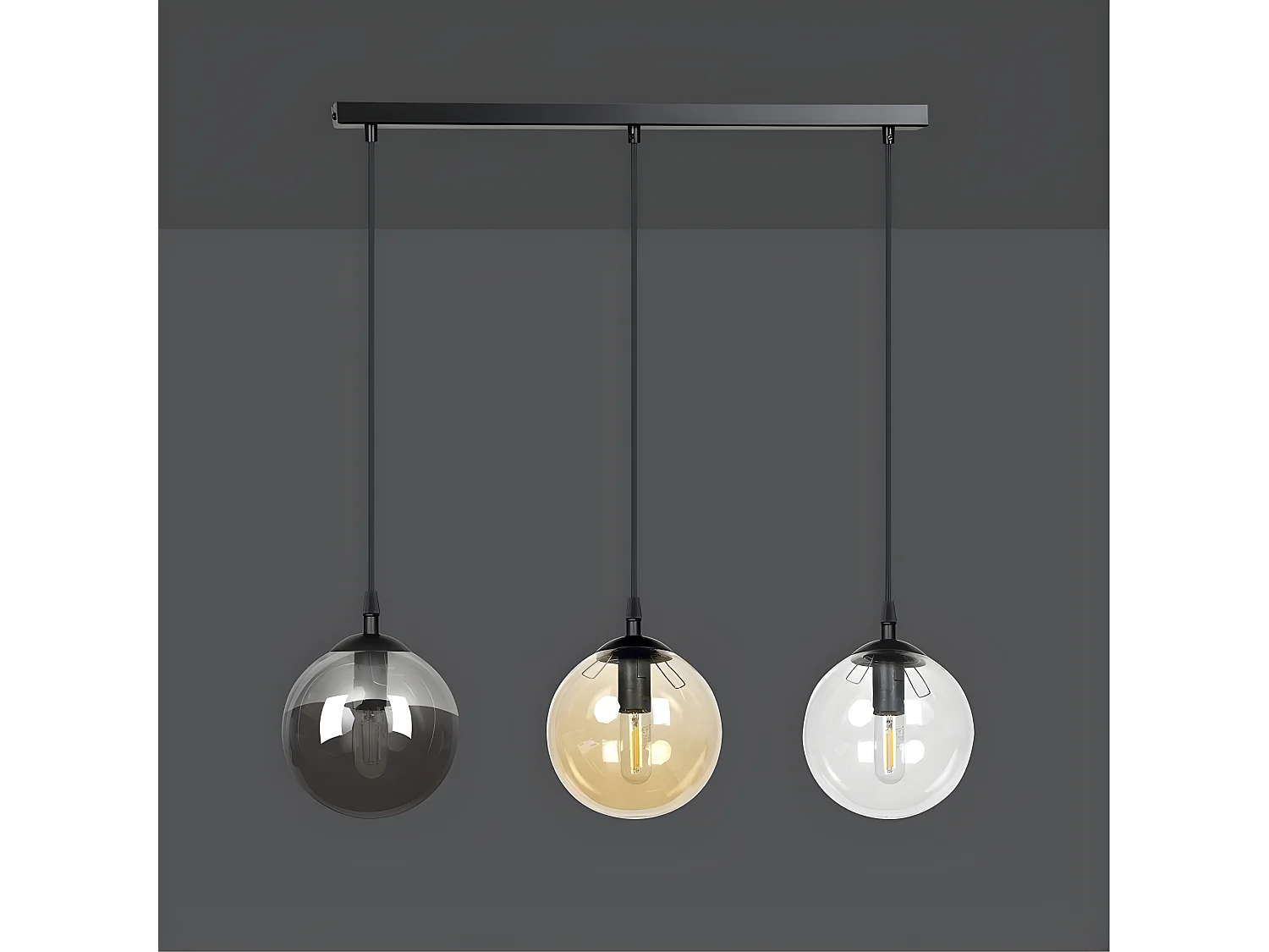 Suspension linéaire Sagan noir moderne avec sphères en verre de différentes couleurs 3xE14