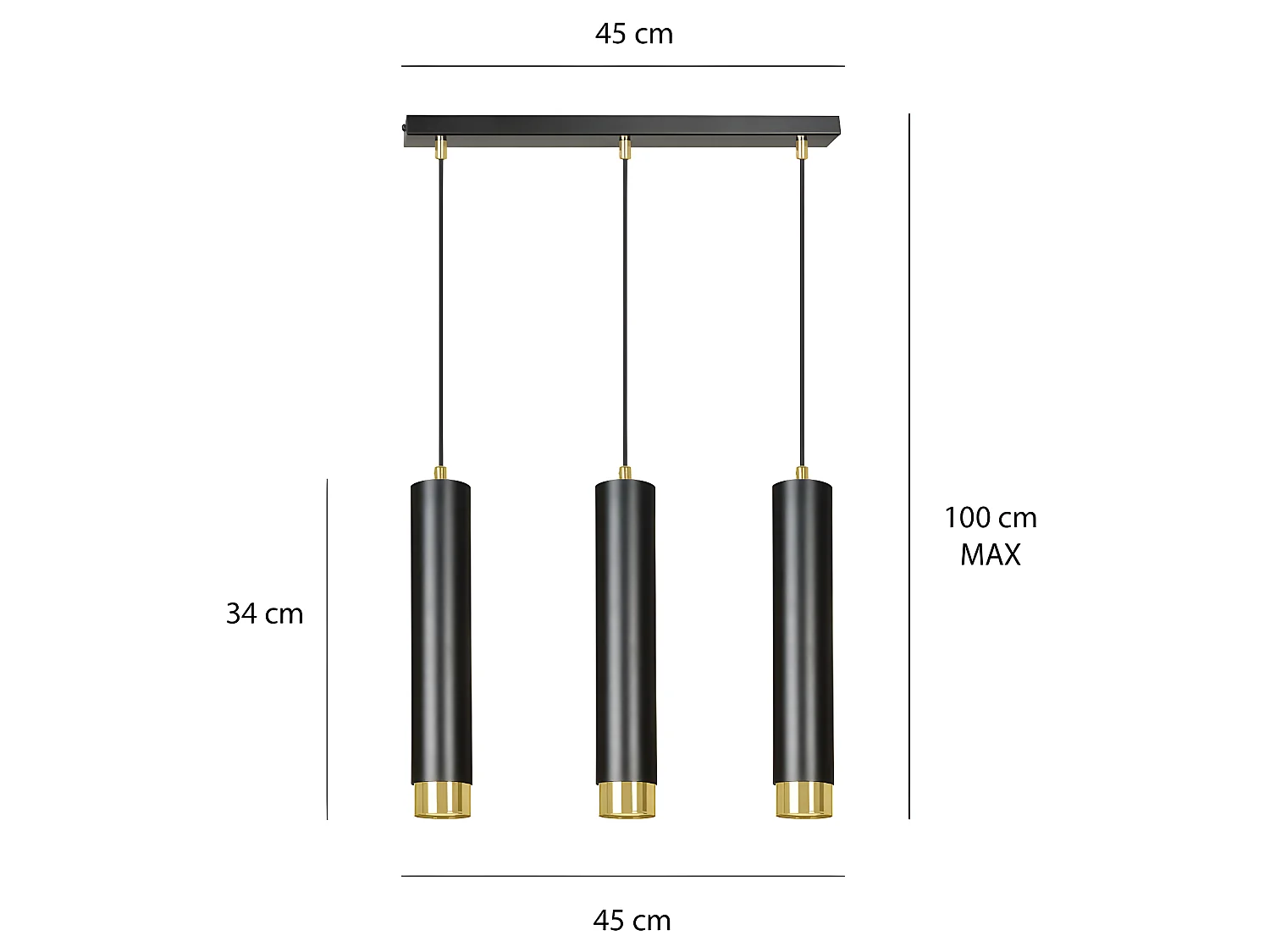 Suspension moderne Mura avec 3 abat-jour cylindriques noir et doré 3xGU10
