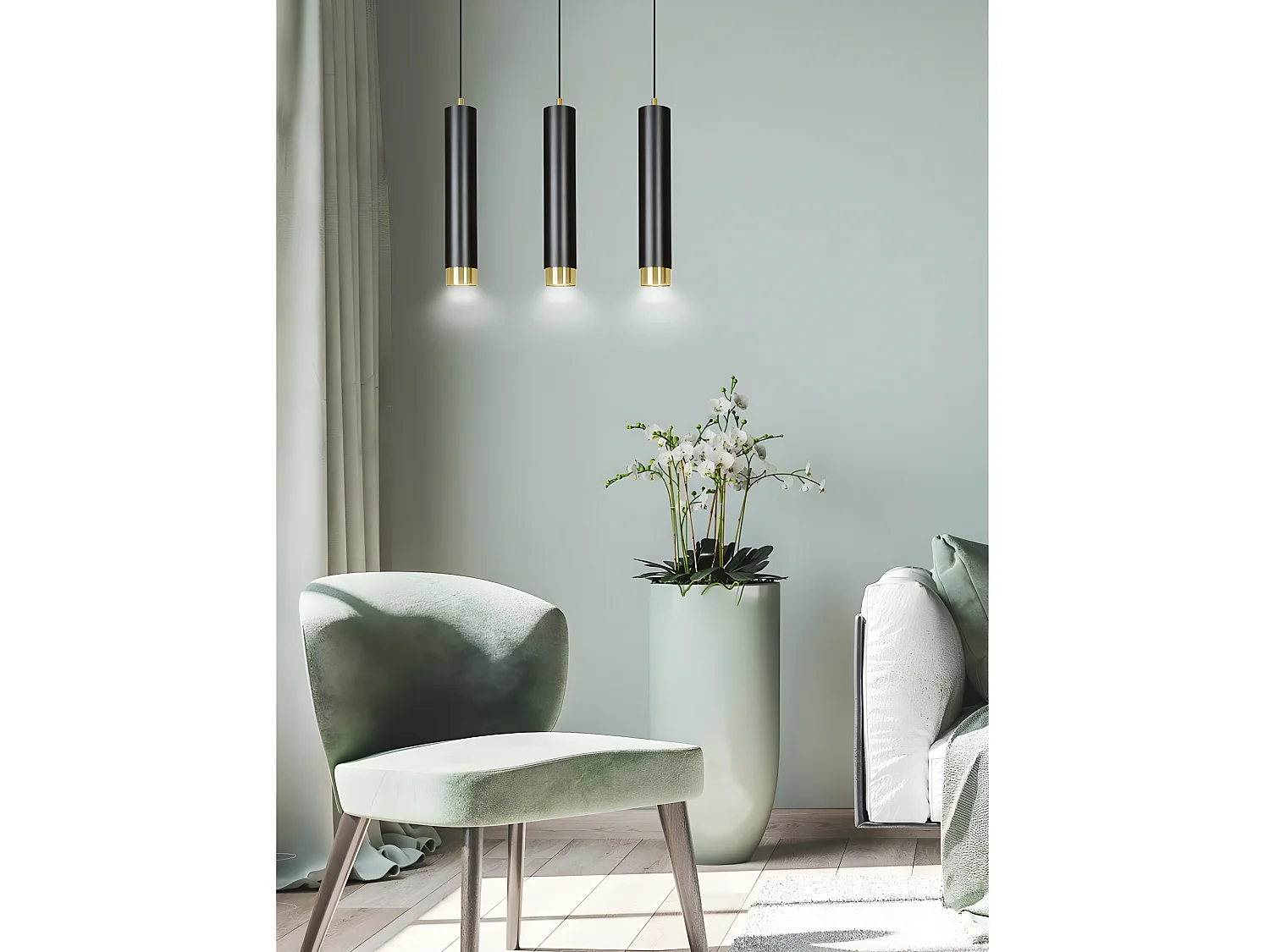 Suspension moderne Mura avec 3 abat-jour cylindriques noir et doré 3xGU10