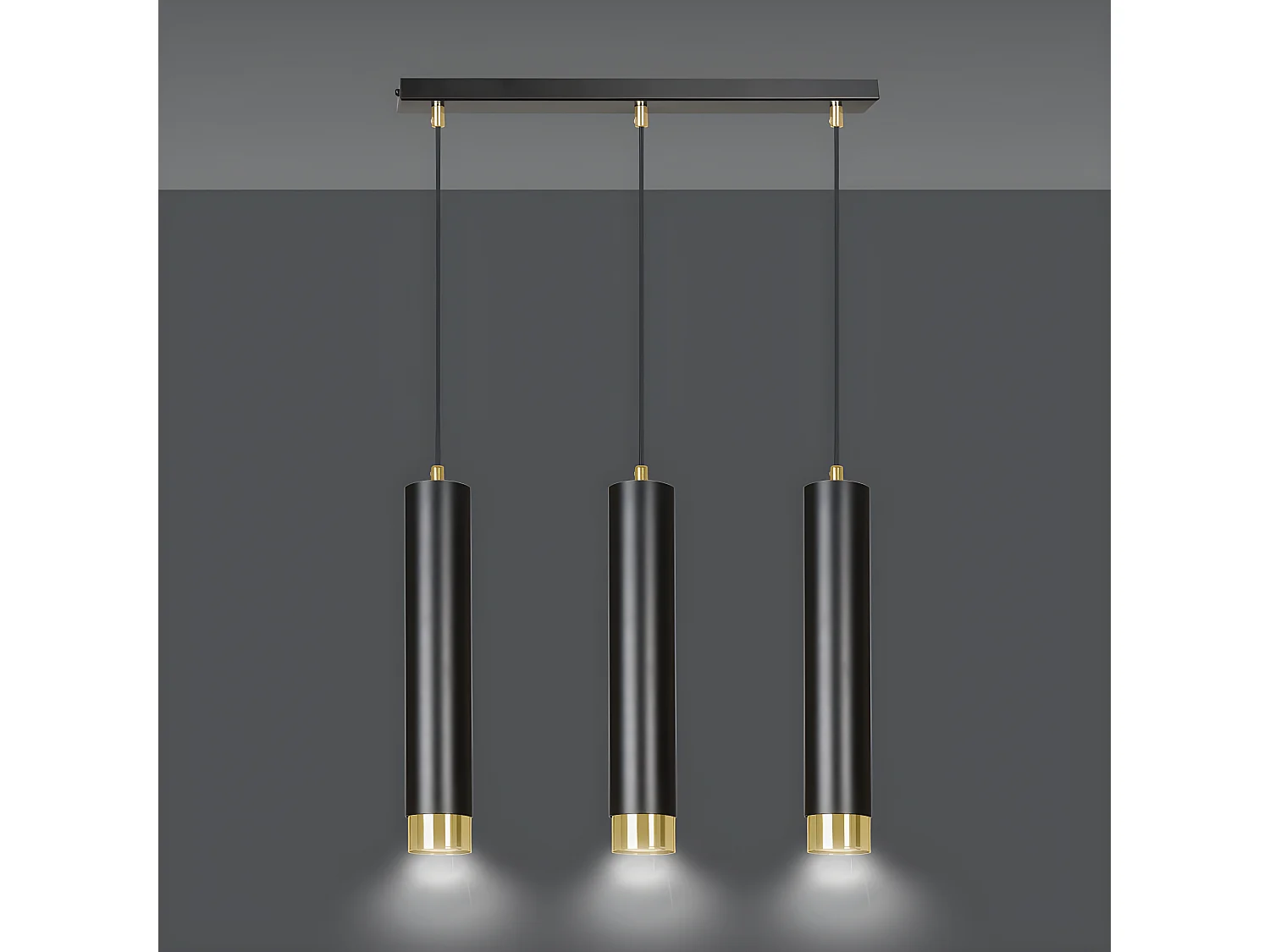 Suspension moderne Mura avec 3 abat-jour cylindriques noir et doré 3xGU10