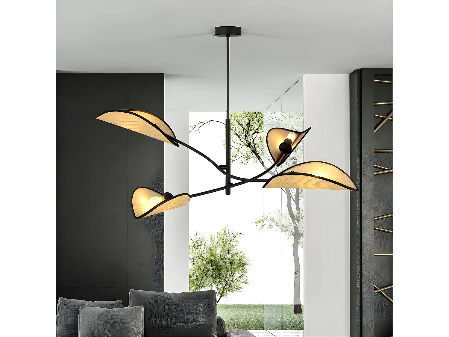 Lampadario Flik con 4 paralumi in tessuto a forma di foglia in rattan e nero 4xE14 ø102