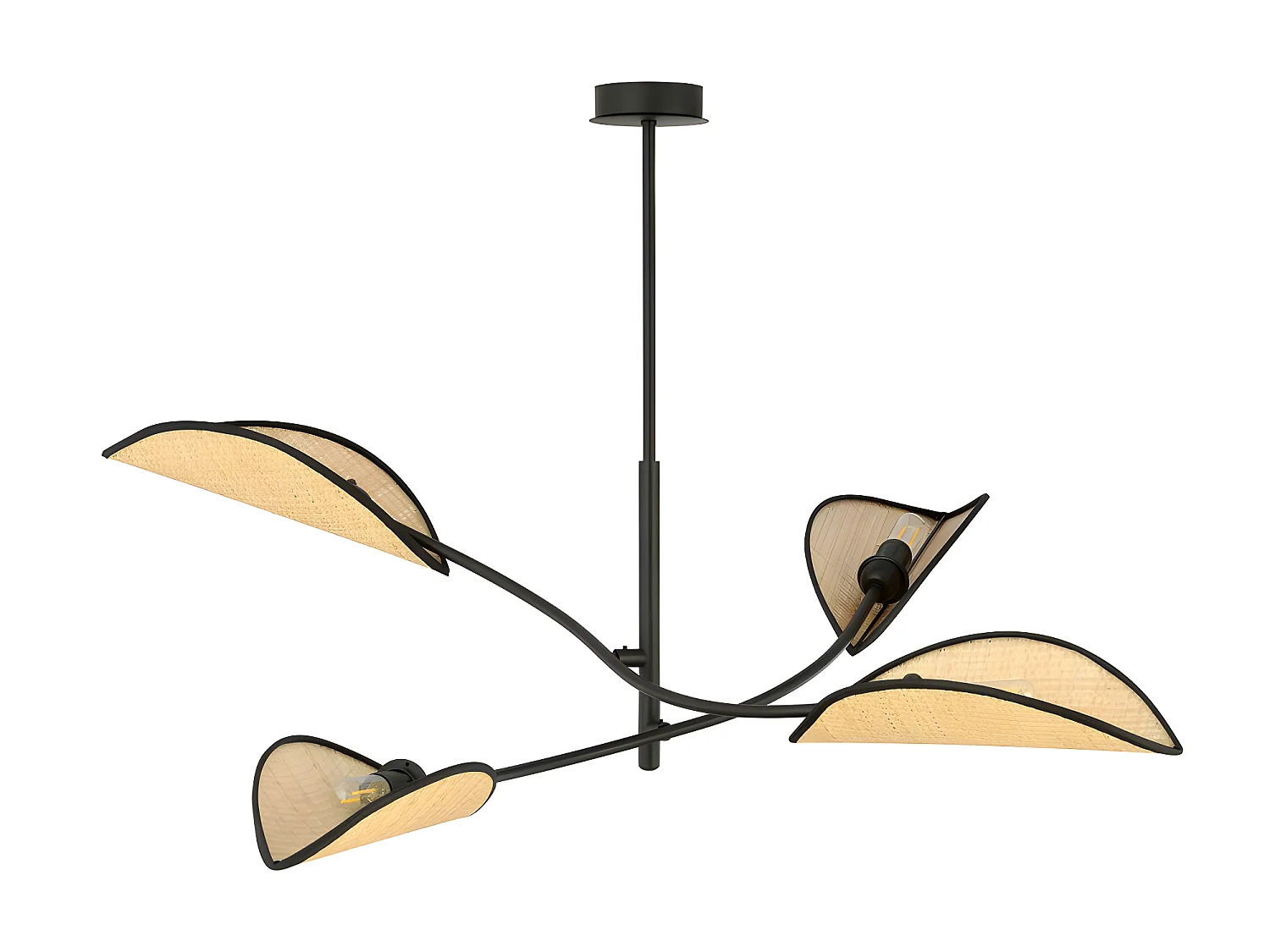Lampadario Flik con 4 paralumi in tessuto a forma di foglia in rattan e nero 4xE14 ø102