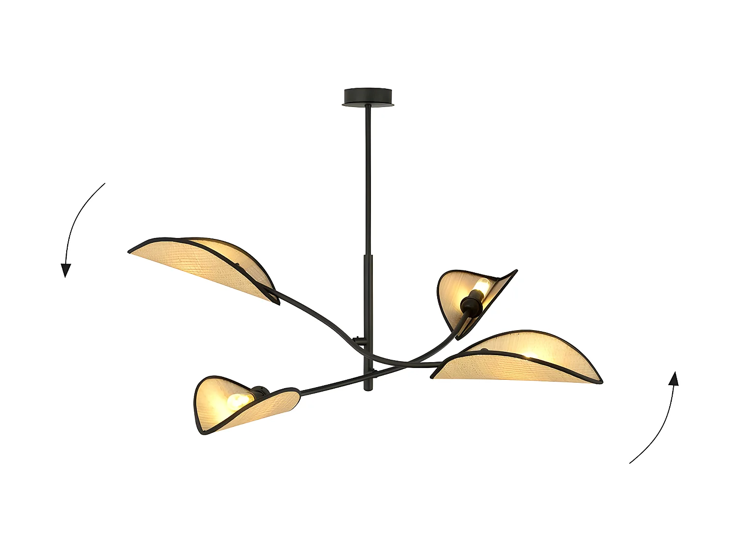 Lampadario Flik con 4 paralumi in tessuto a forma di foglia in rattan e nero 4xE14 ø102