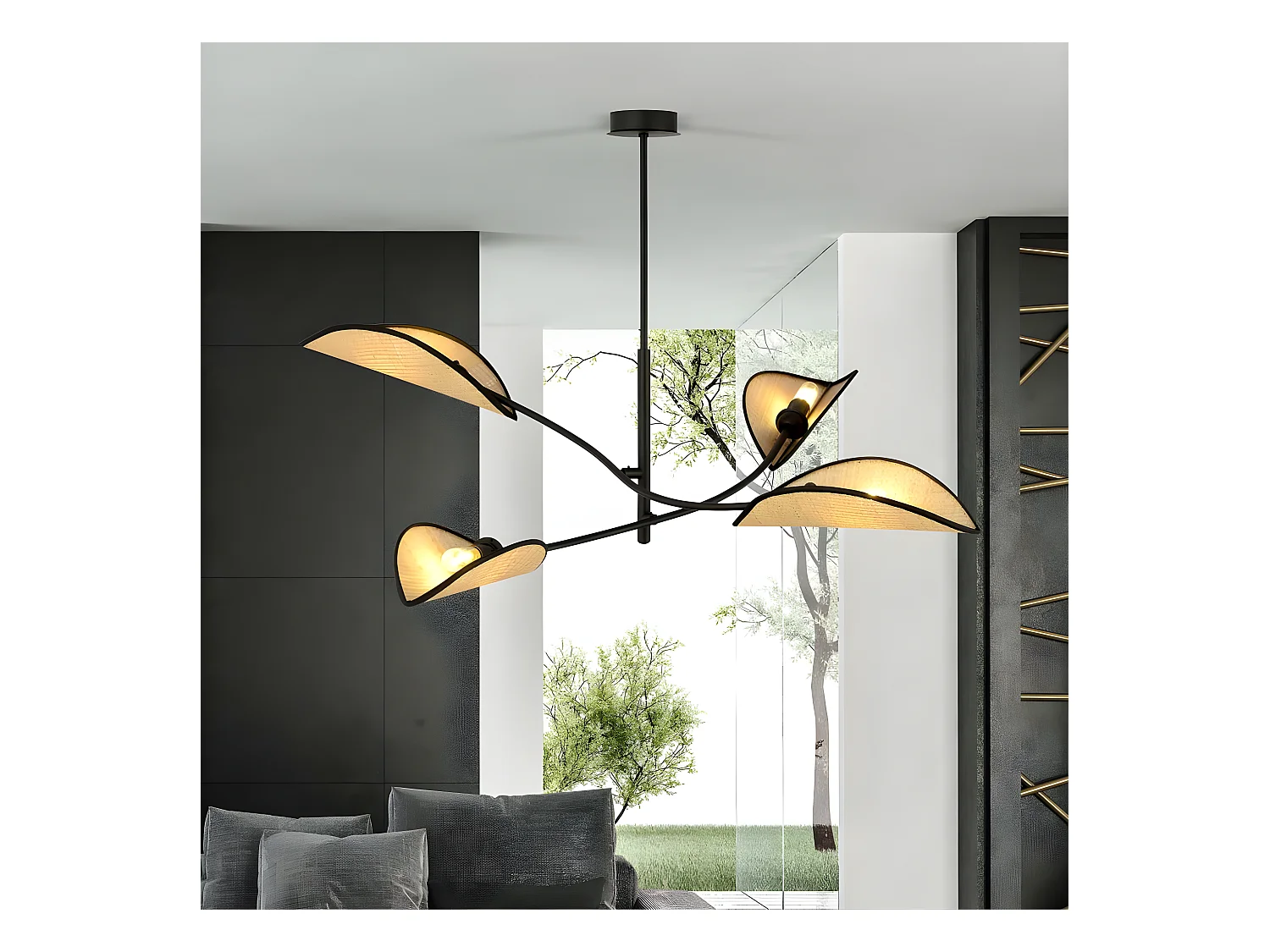 Lustre Flik avec 4 abat-jour en tissu en forme de feuille en rotin et noir 4xE14 ø102