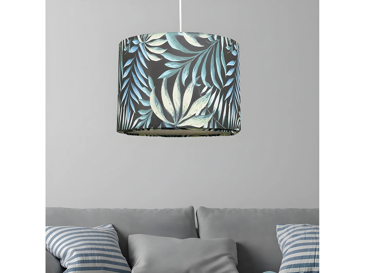 Suspension Tefe avec revêtement en tissu imprimés jungle bleue 1xE27 ø28cm