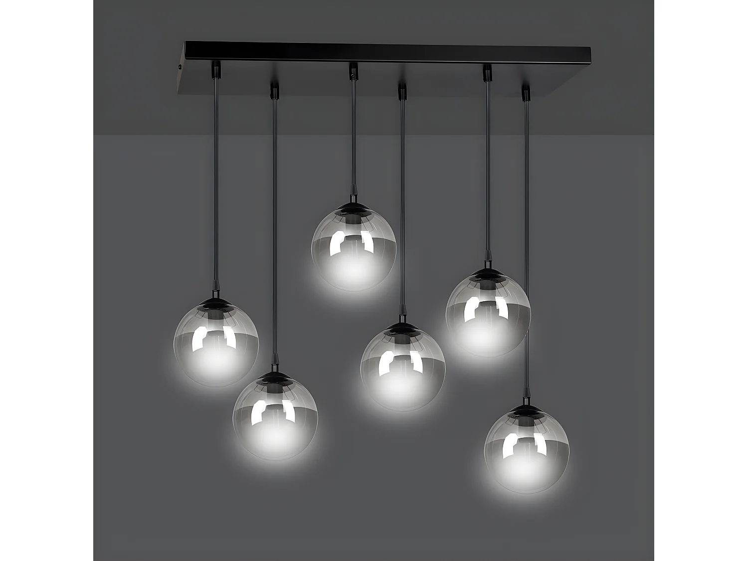 Regleta colgante Sagan moderno negro con 6 esferas de cristal gris 6xE14 ø75cm