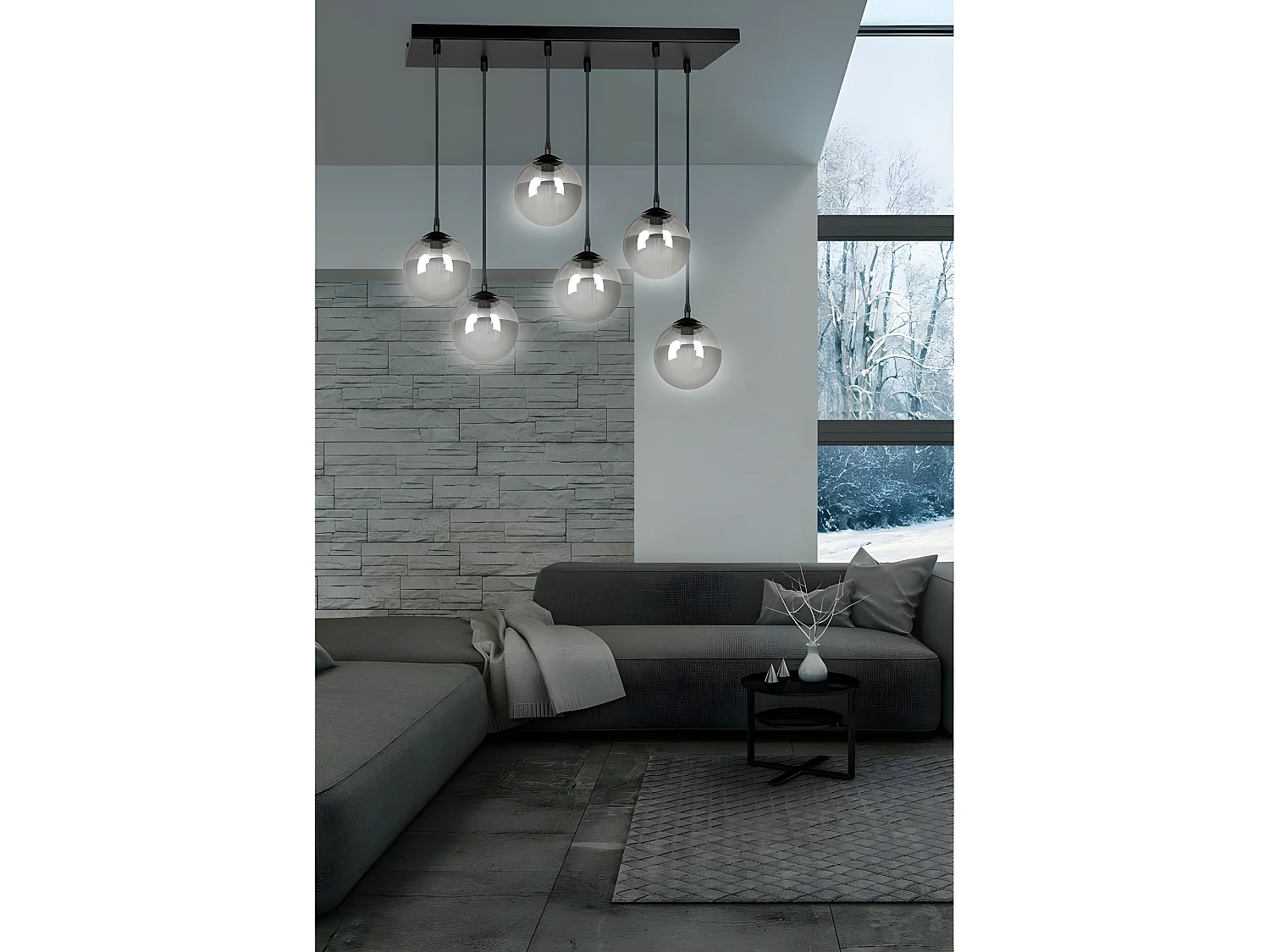 Regleta colgante Sagan moderno negro con 6 esferas de cristal gris 6xE14 ø75cm