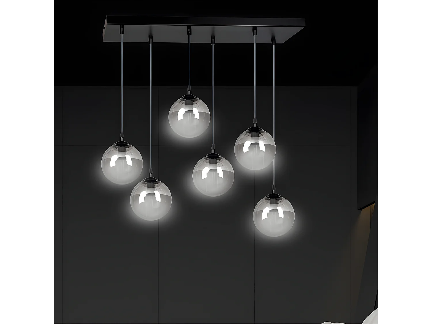 Regleta colgante Sagan moderno negro con 6 esferas de cristal gris 6xE14 ø75cm