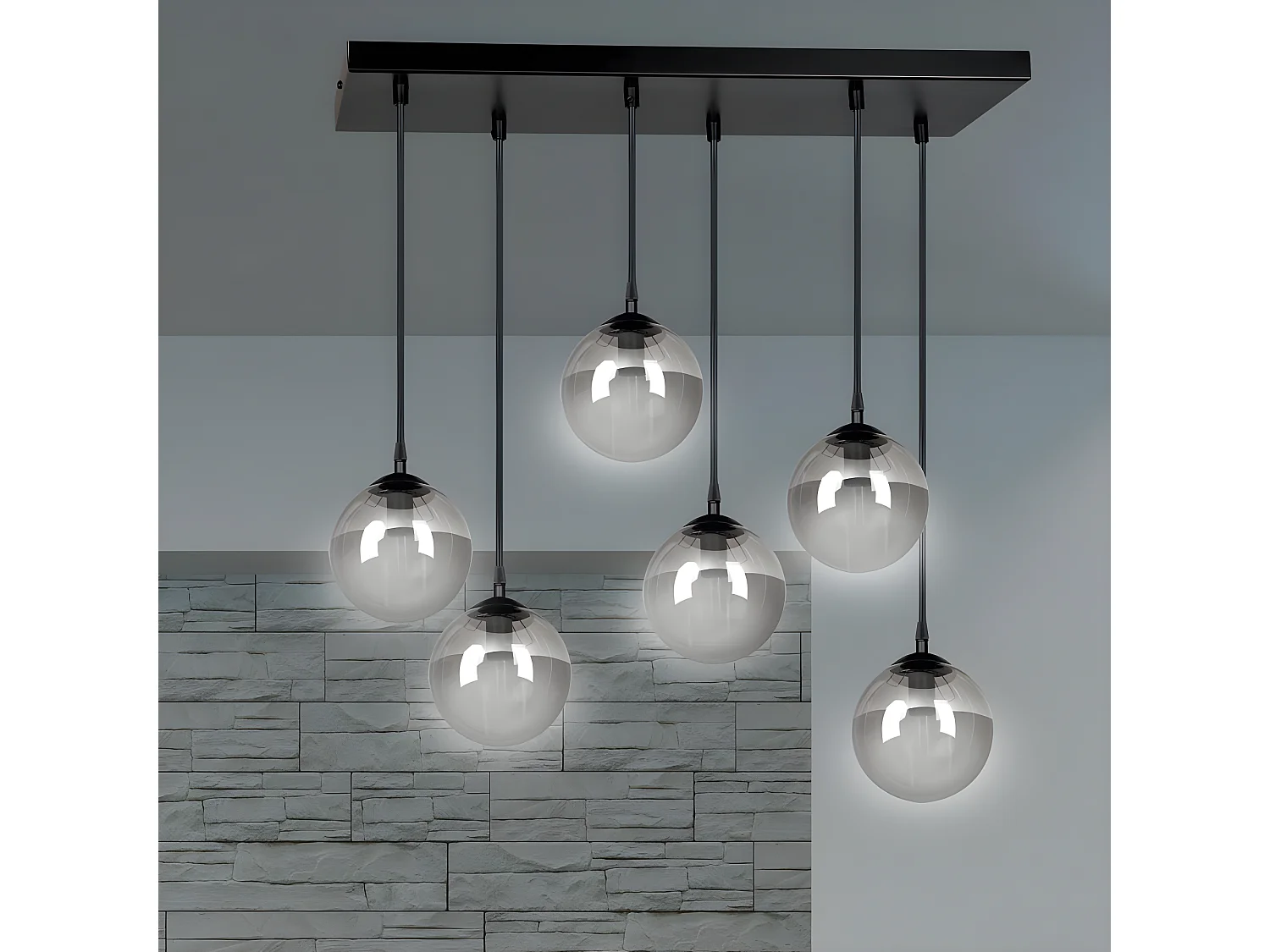 Regleta colgante Sagan moderno negro con 6 esferas de cristal gris 6xE14 ø75cm