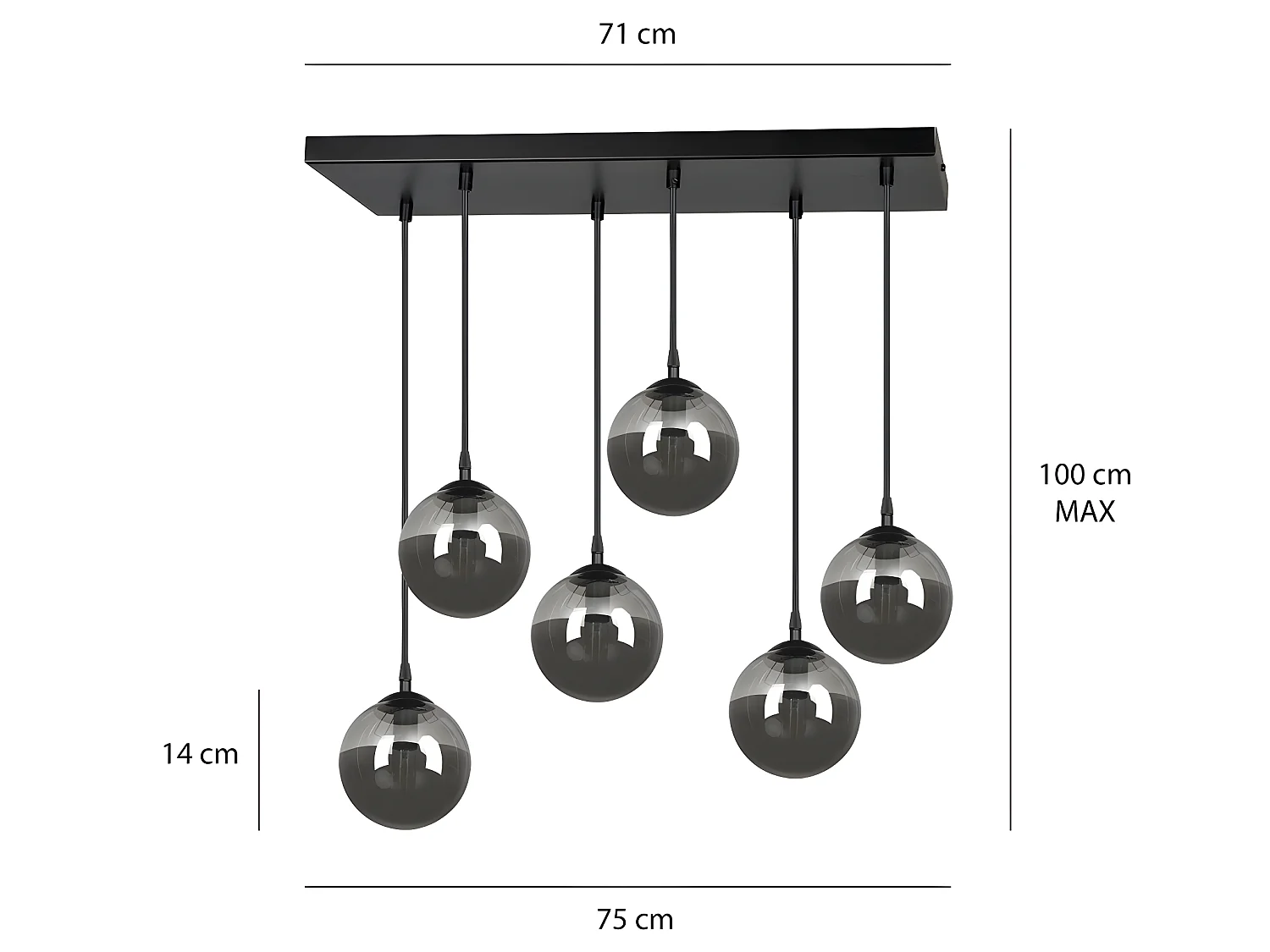 Regleta colgante Sagan moderno negro con 6 esferas de cristal gris 6xE14 ø75cm