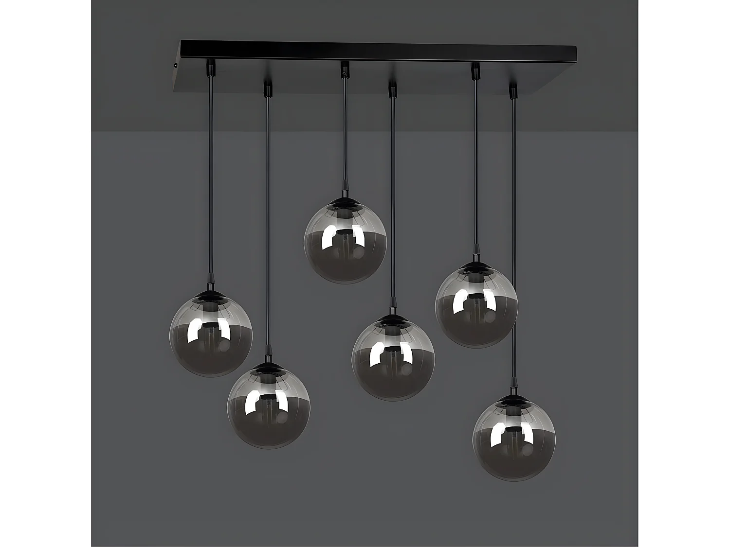 Sagan moderne zwarte ophangstrip met 6 grijze glazen bollen 6xE14 ø75cm