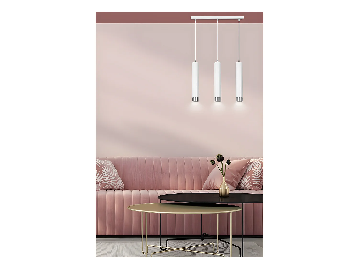 Suspension moderne Mura avec 3 abat-jour cylindriques blancs et chromés 3xGU10
