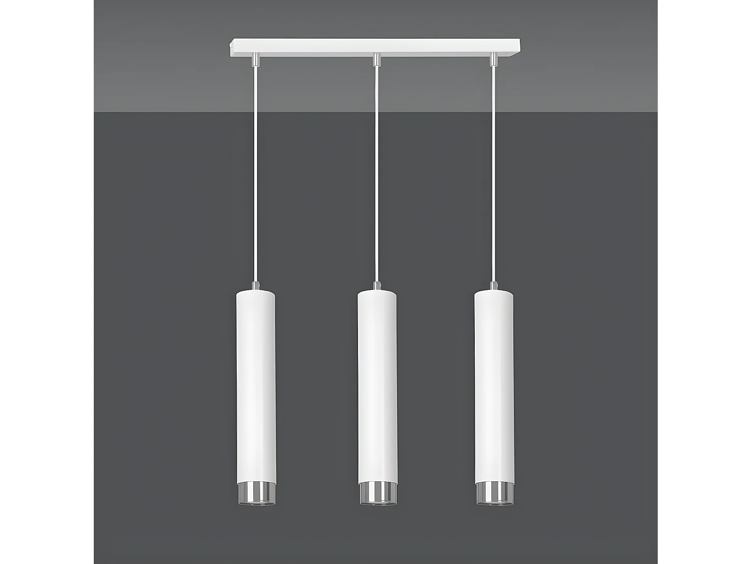Suspension moderne Mura avec 3 abat-jour cylindriques blancs et chromés 3xGU10