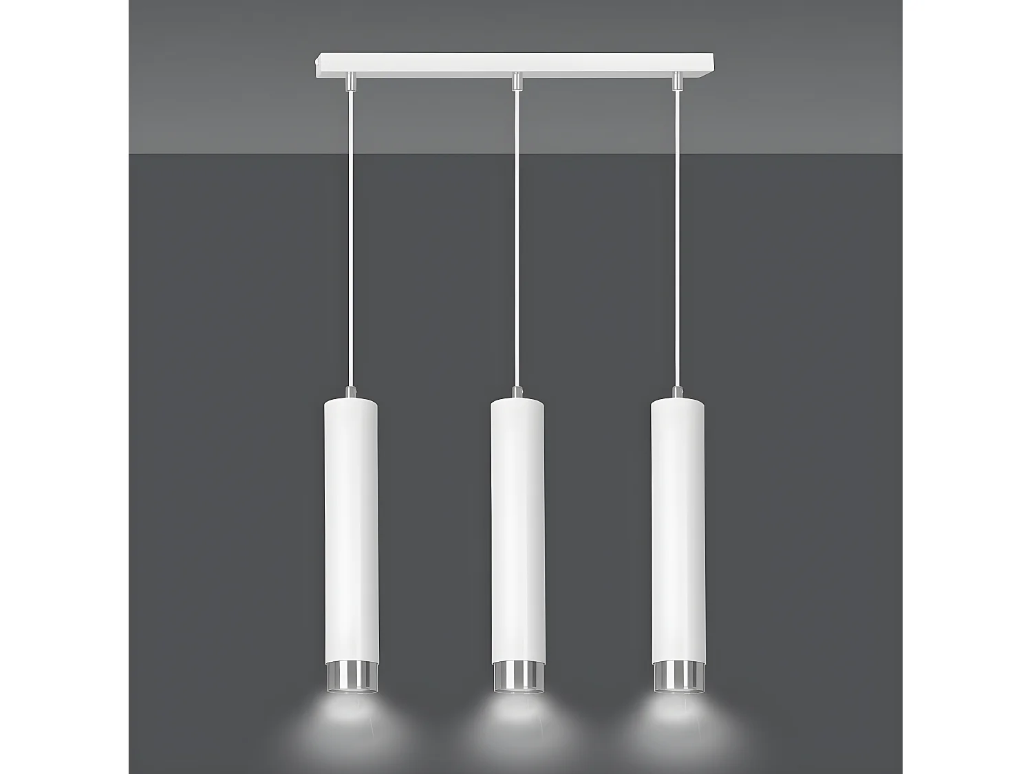 Suspension moderne Mura avec 3 abat-jour cylindriques blancs et chromés 3xGU10