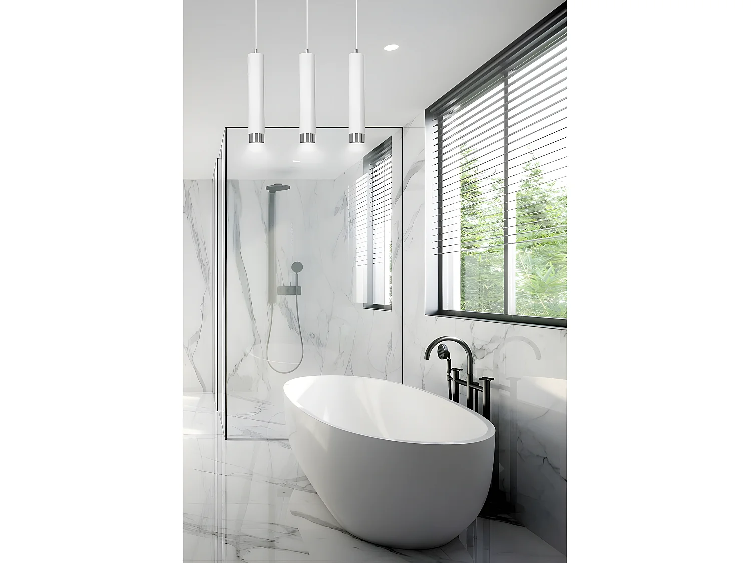 Suspension moderne Mura avec 3 abat-jour cylindriques blancs et chromés 3xGU10