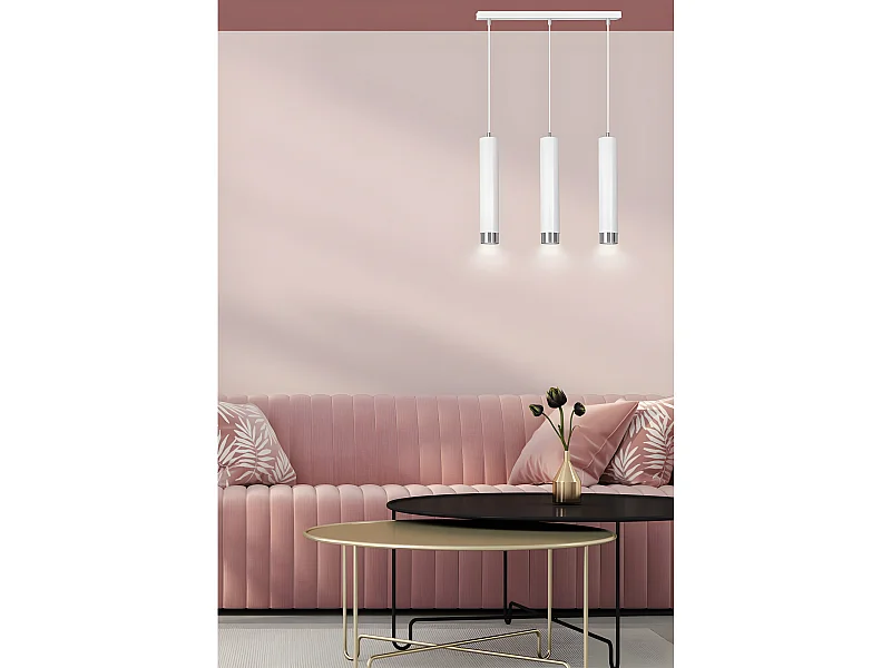 Suspension moderne Mura avec 3 abat-jour cylindriques blancs et chromés 3xGU10