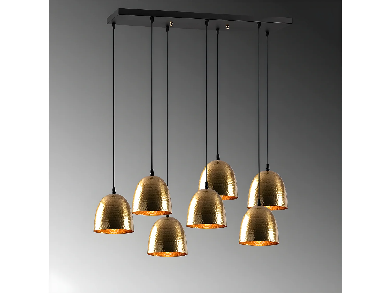 Asney lineaire hanglamp met 7 kappen in antiek gouden reliëfeffect 7xE27