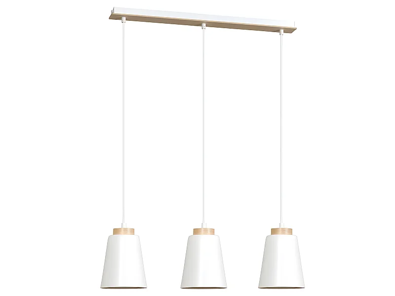 Deckenleiste Lasso mit 3 weißen Lampenschirmen aus Metall und Holz 3xE27