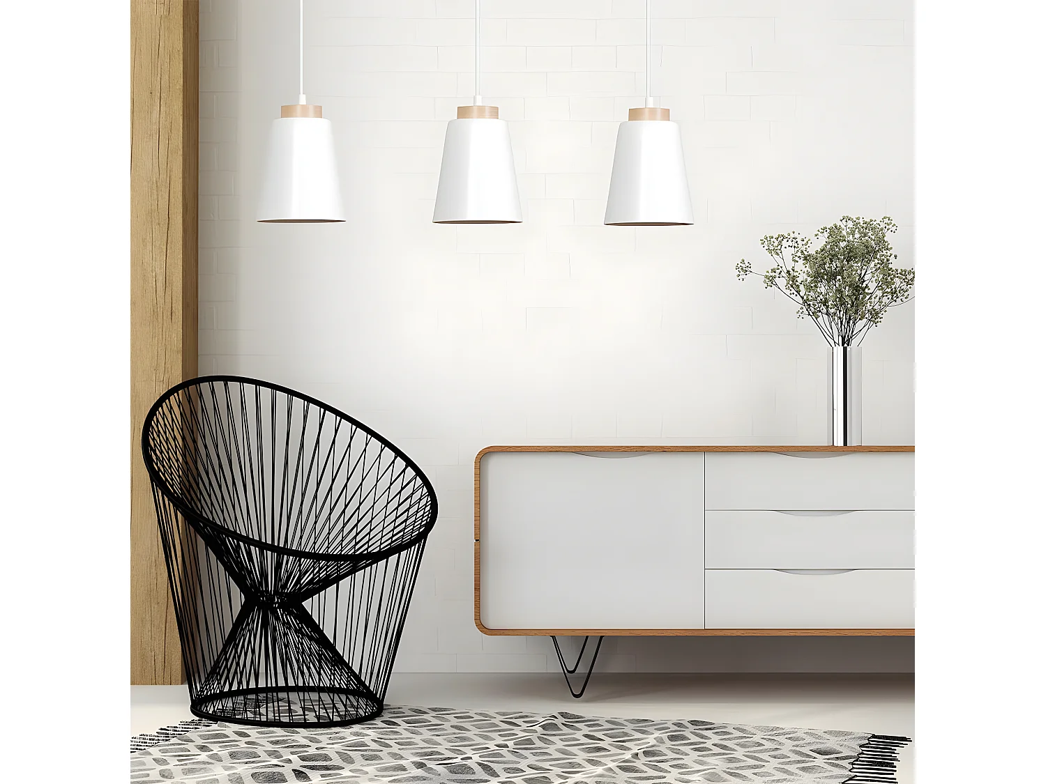 Lampada da soffitto nordic Lasso con 3 paralumi in metallo bianco e legno 3xE27
