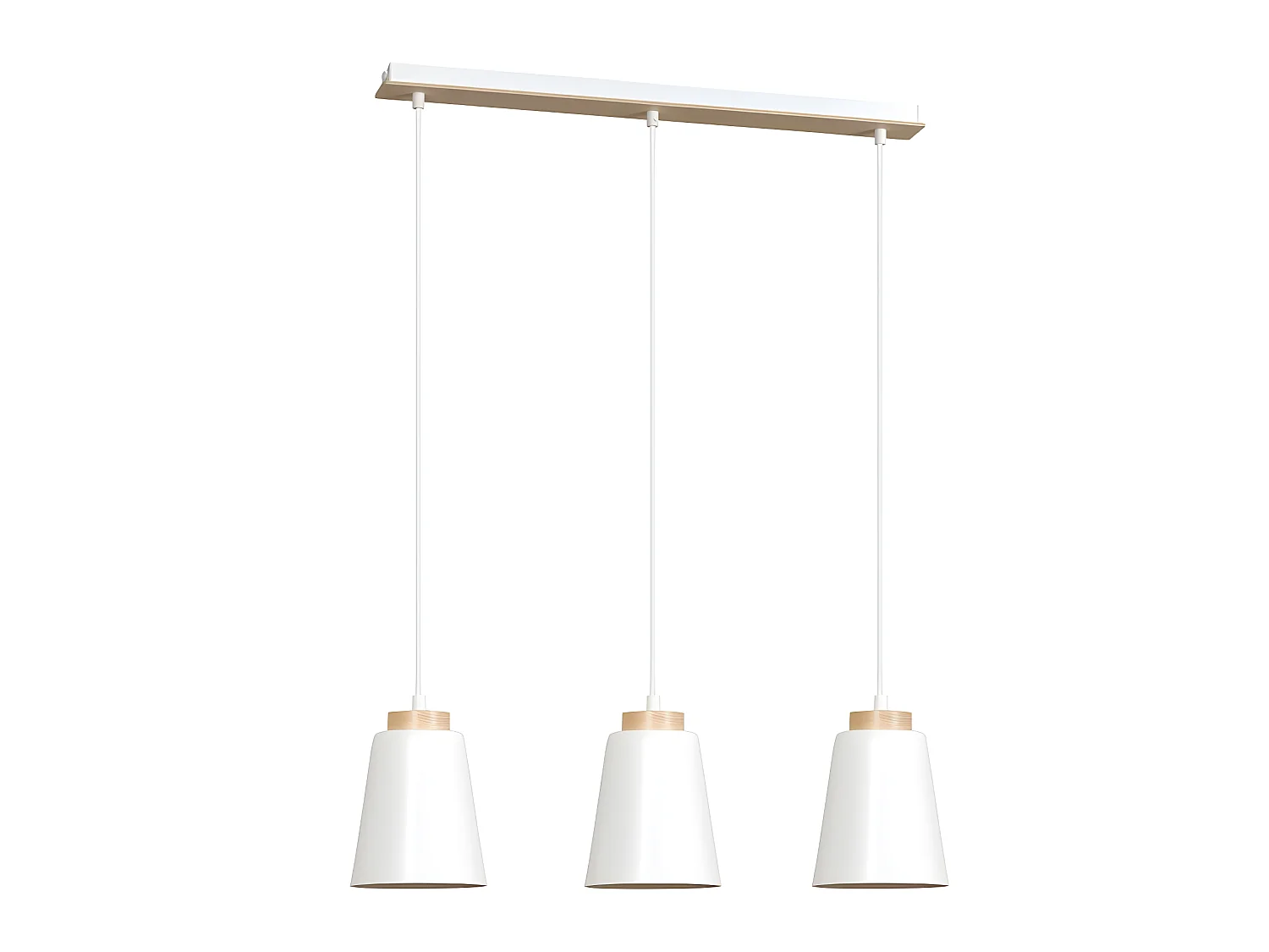 Suspension linéaire nordic Lasso avec 3 abat-jour en métal blanc et bois 3xE27