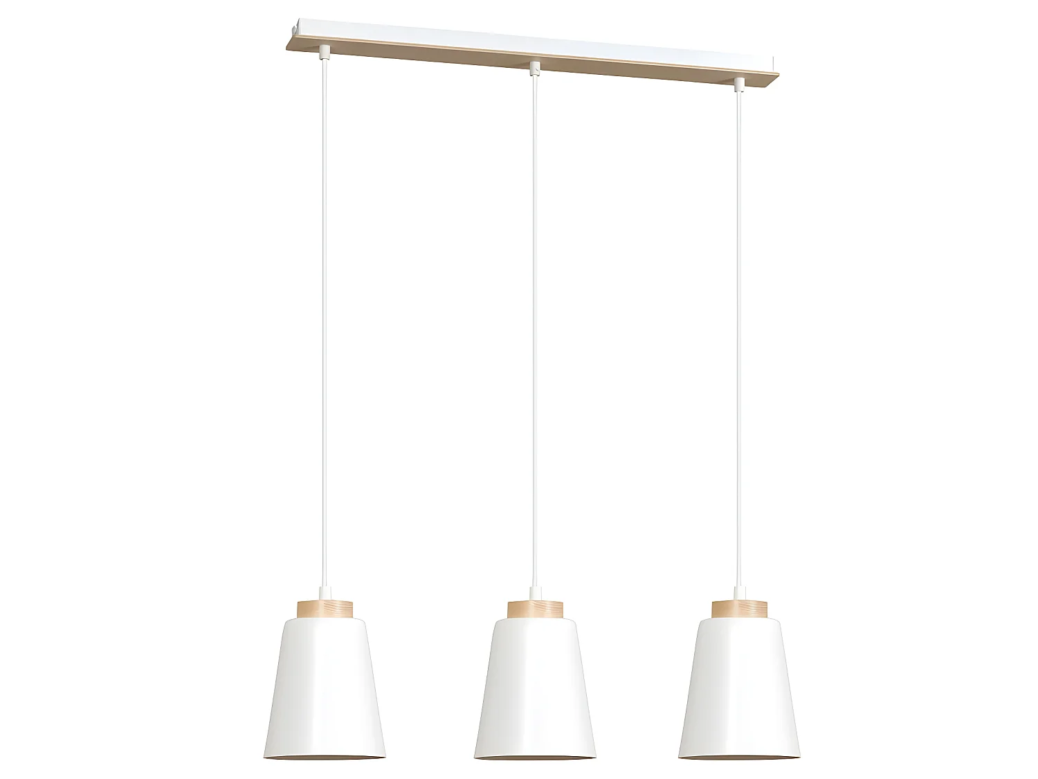 Suspension linéaire nordic Lasso avec 3 abat-jour en métal blanc et bois 3xE27