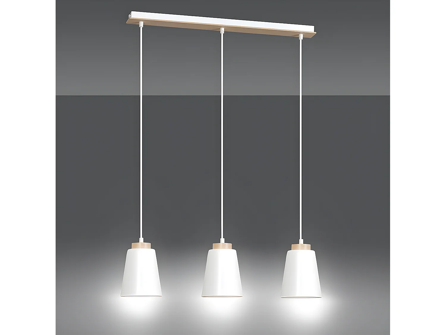 Suspension linéaire nordic Lasso avec 3 abat-jour en métal blanc et bois 3xE27