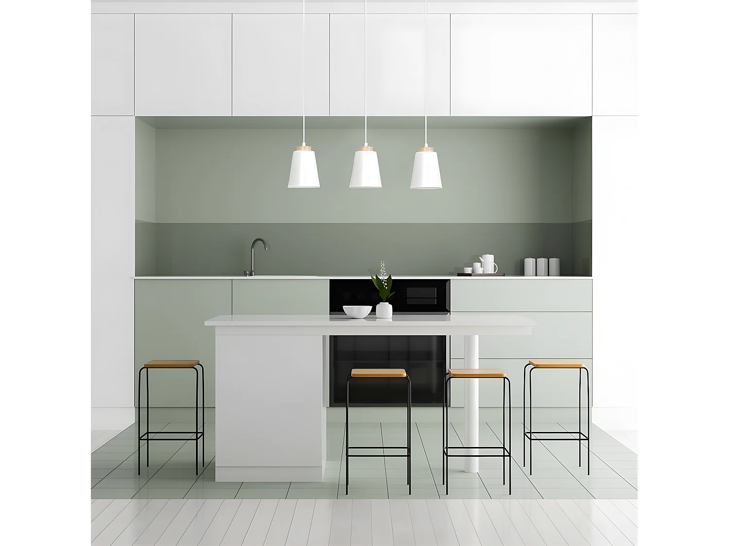 Suspension linéaire nordic Lasso avec 3 abat-jour en métal blanc et bois 3xE27