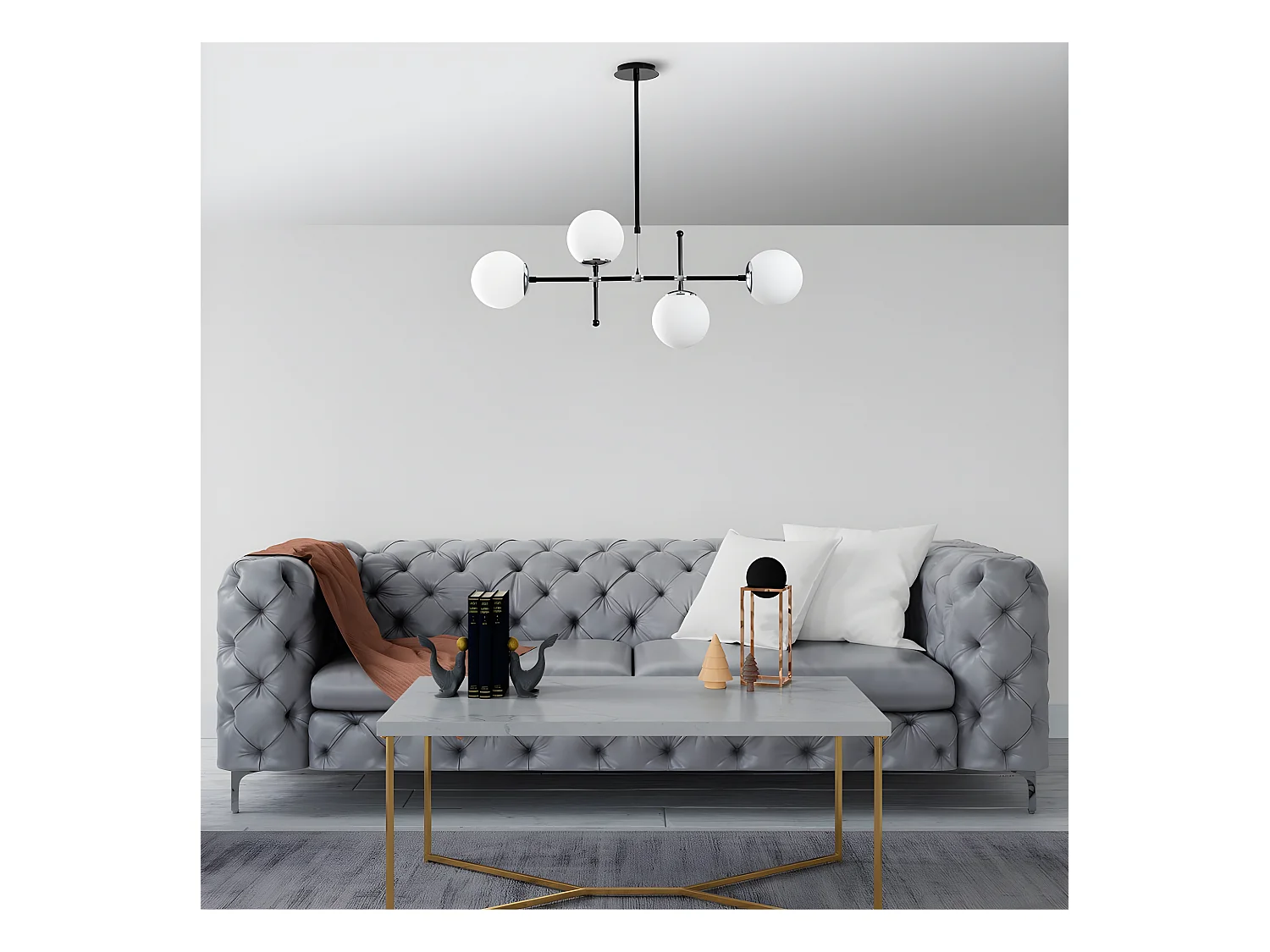 Plafonnier moderne noir et chrome Dival avec 4 sphères en verre 4xE27