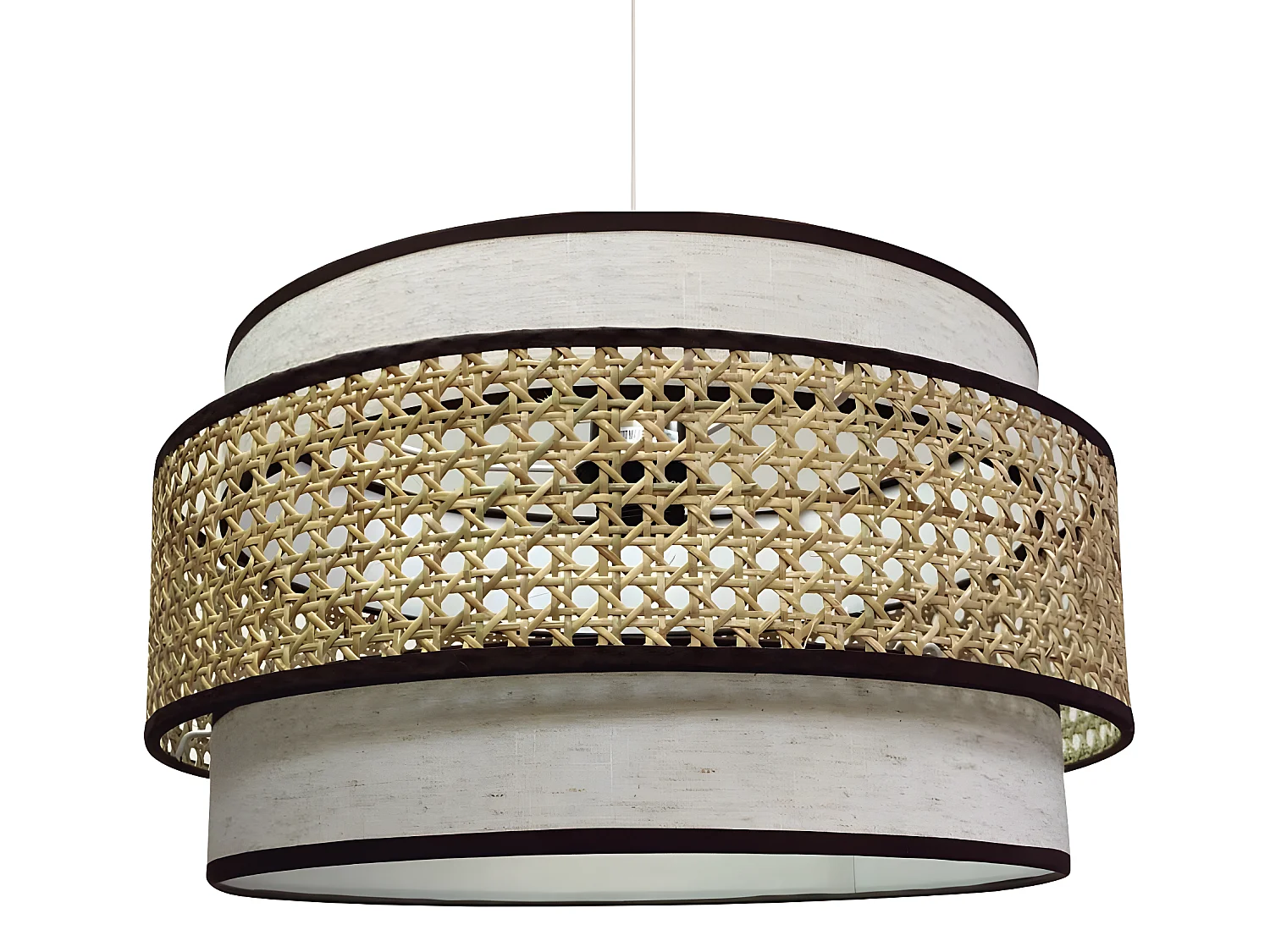 Suspension artisanale Amit avec abat-jour marron chiné et bande de raphia 1xE27 ø40cm