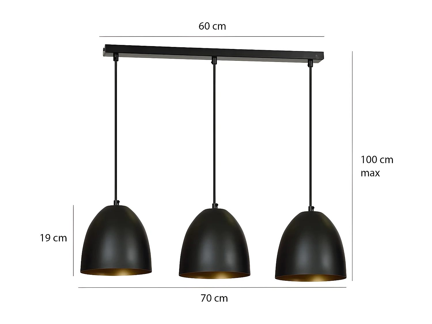 Suspension linéaire Jonix nordic avec 3 abat-jour en forme de dôme noir et or 3xE27