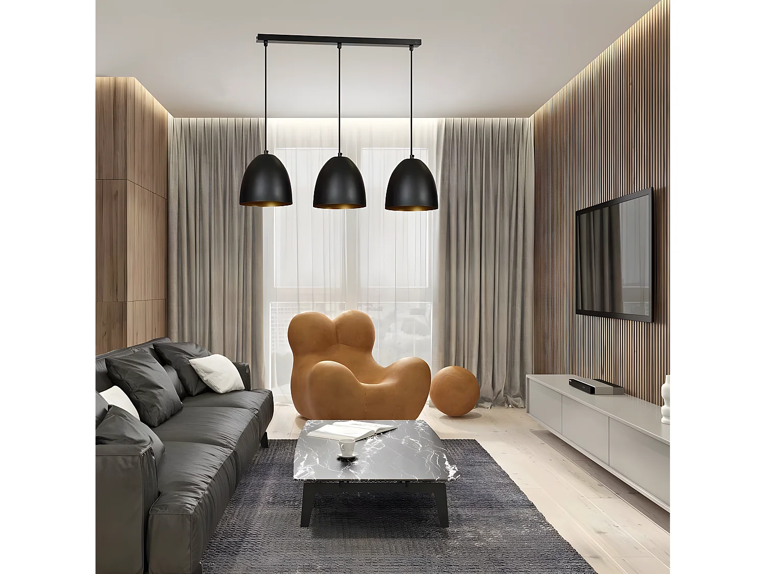 Jonix Nordic plafondstrip met 3 koepelvormige schermen zwart en goud 3xE27