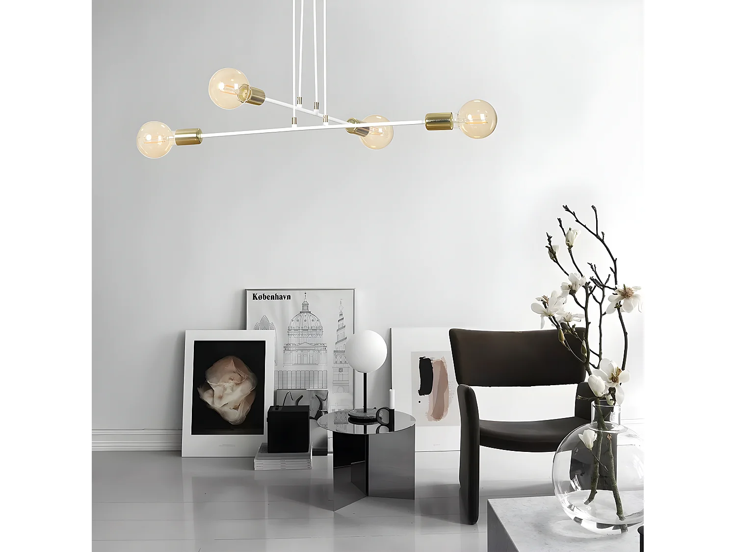 Lampada da soffitto Sives con barre in metallo bianco e 4 portalampade dorati 4xE27 ø70cm