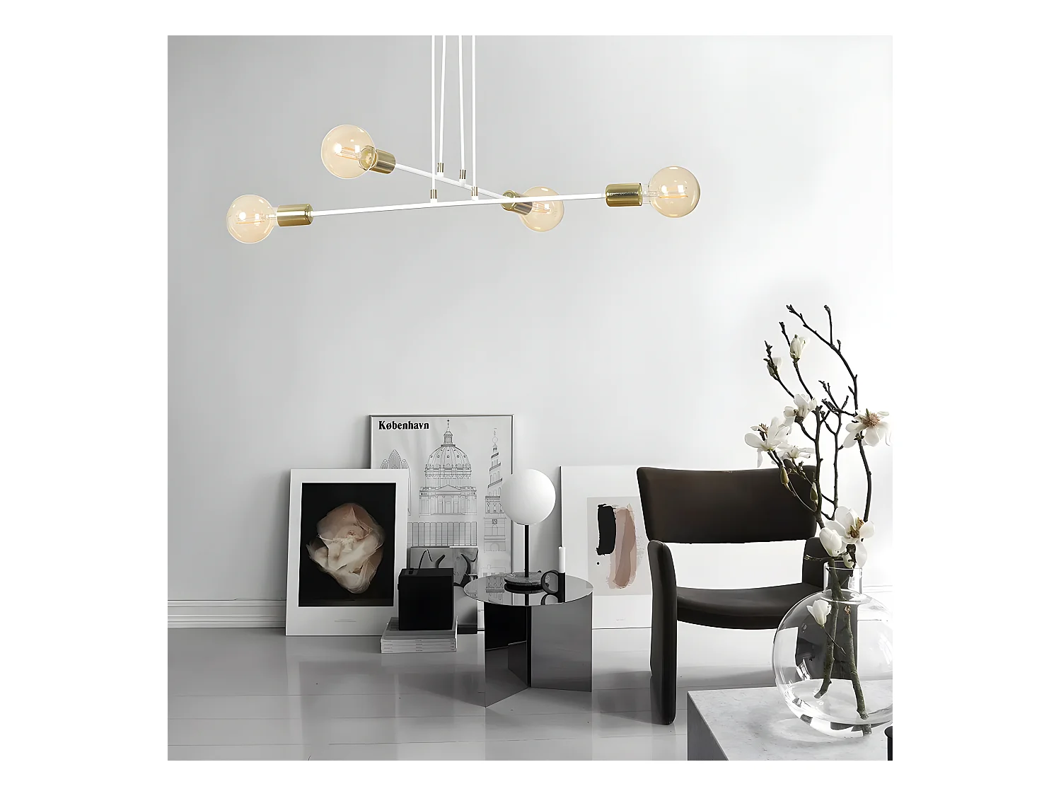 Plafonnier Sives avec barres en métal blanc et 4 douilles dorées 4xE27 ø70cm