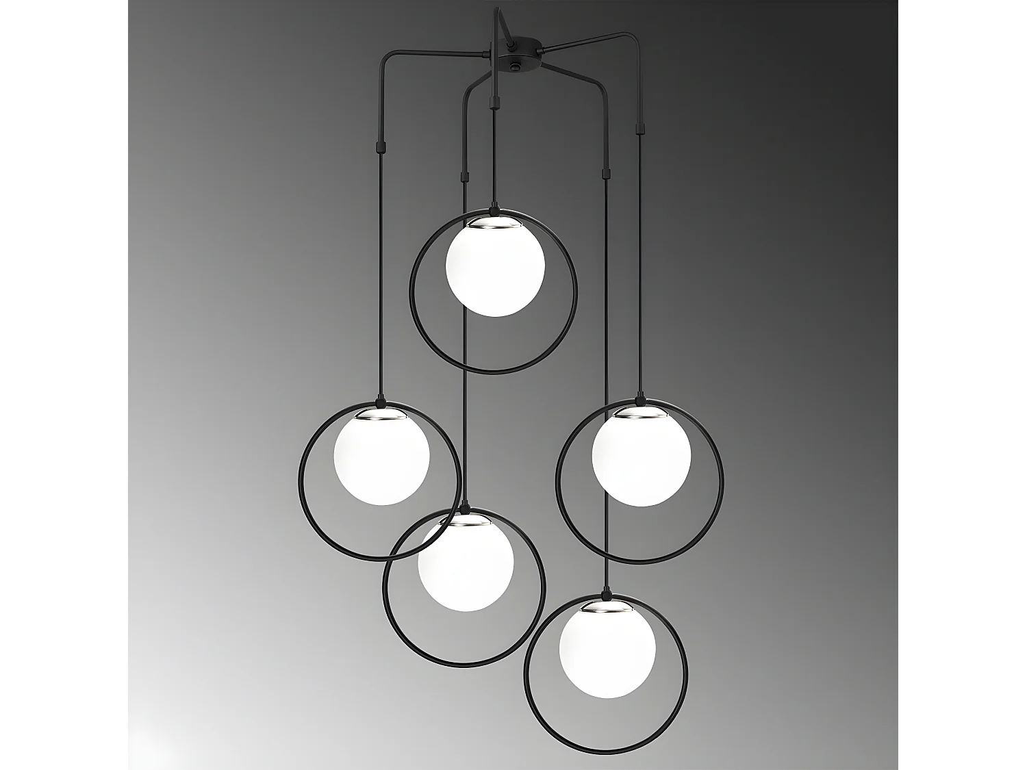 Suspension noire Escott en forme d'anneau et 5 sphères en verre 5xE27