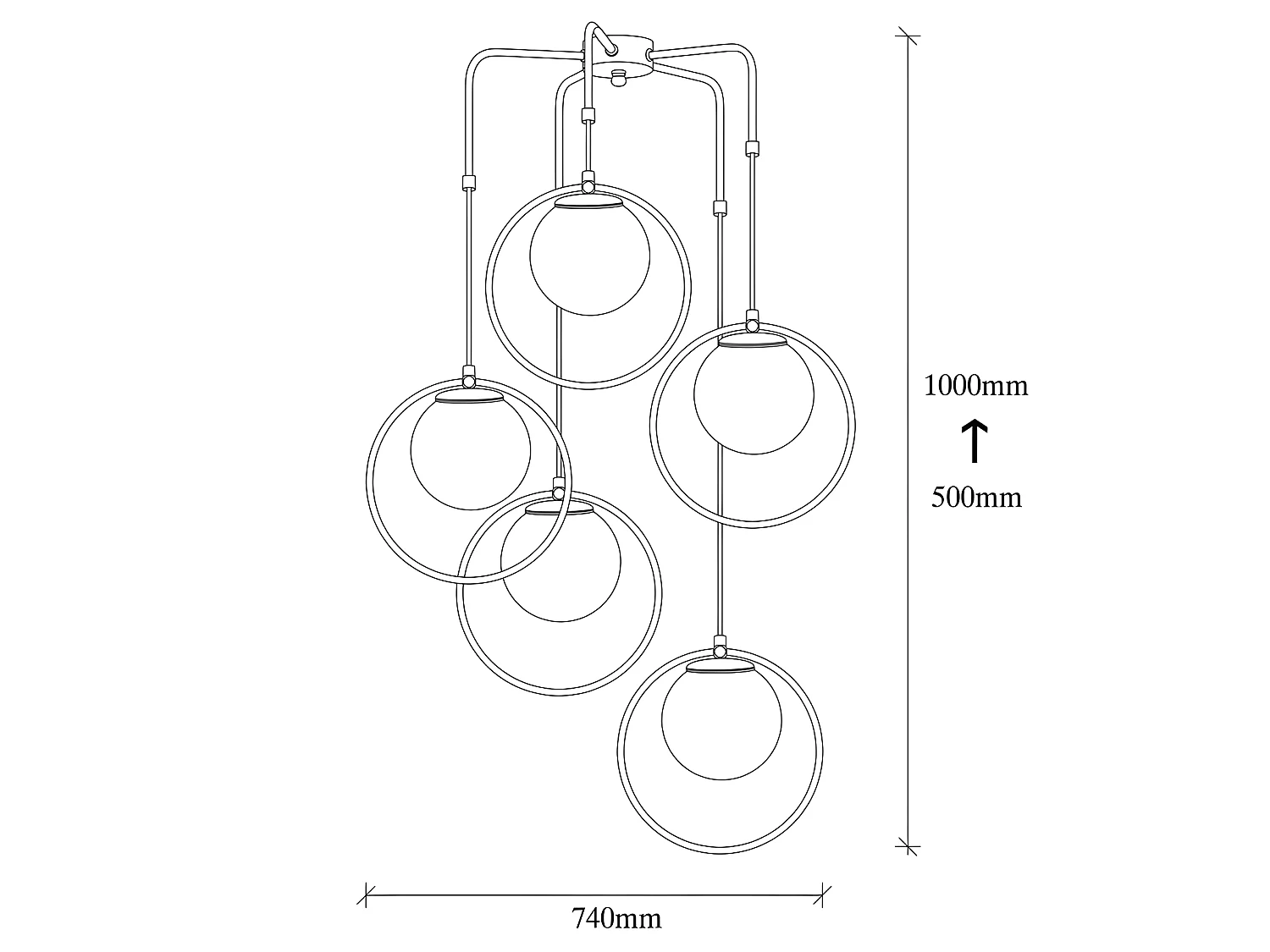Suspension noire Escott en forme d'anneau et 5 sphères en verre 5xE27