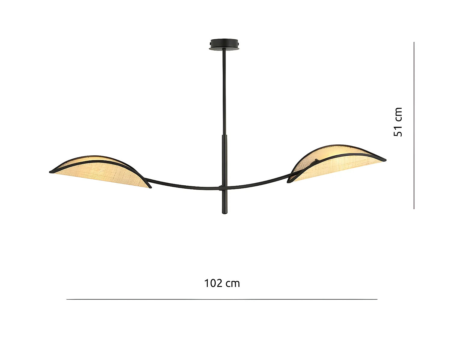 Suspension Flik avec 2 abat-jour en tissu en forme de feuille en rotin et noir 2xE14