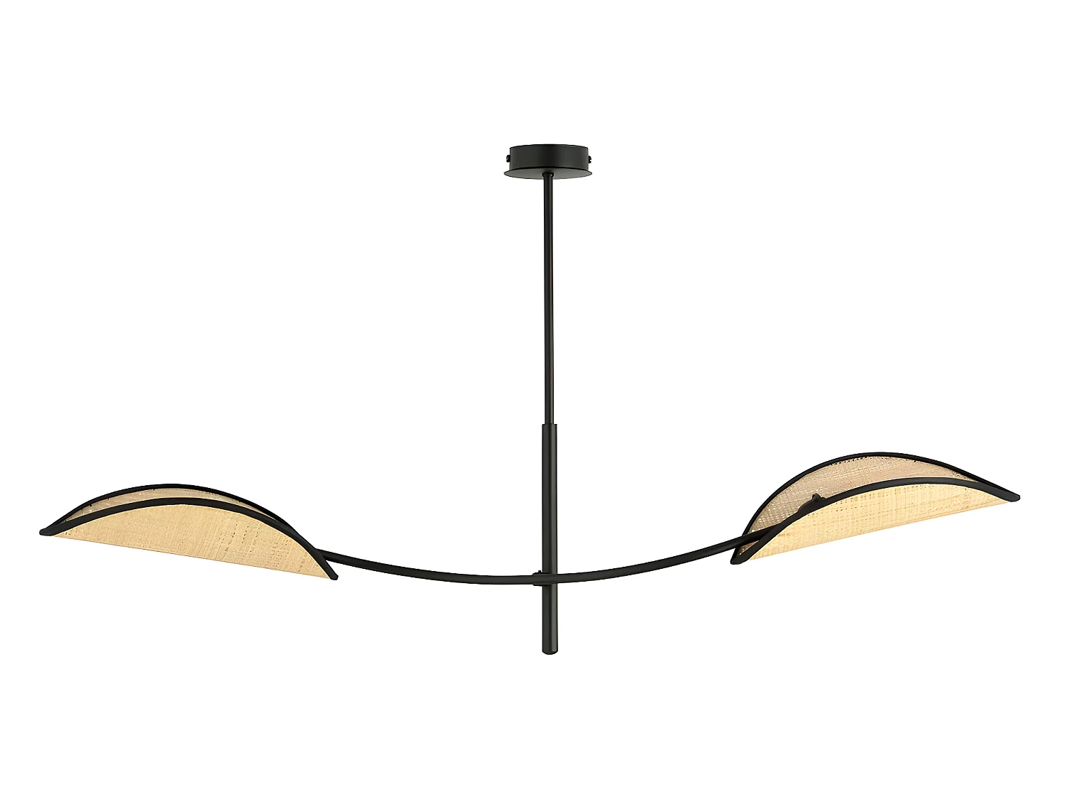 Hanglamp Flik met 2 bladvormige stoffen kapjes van rotan en zwart 2xE14