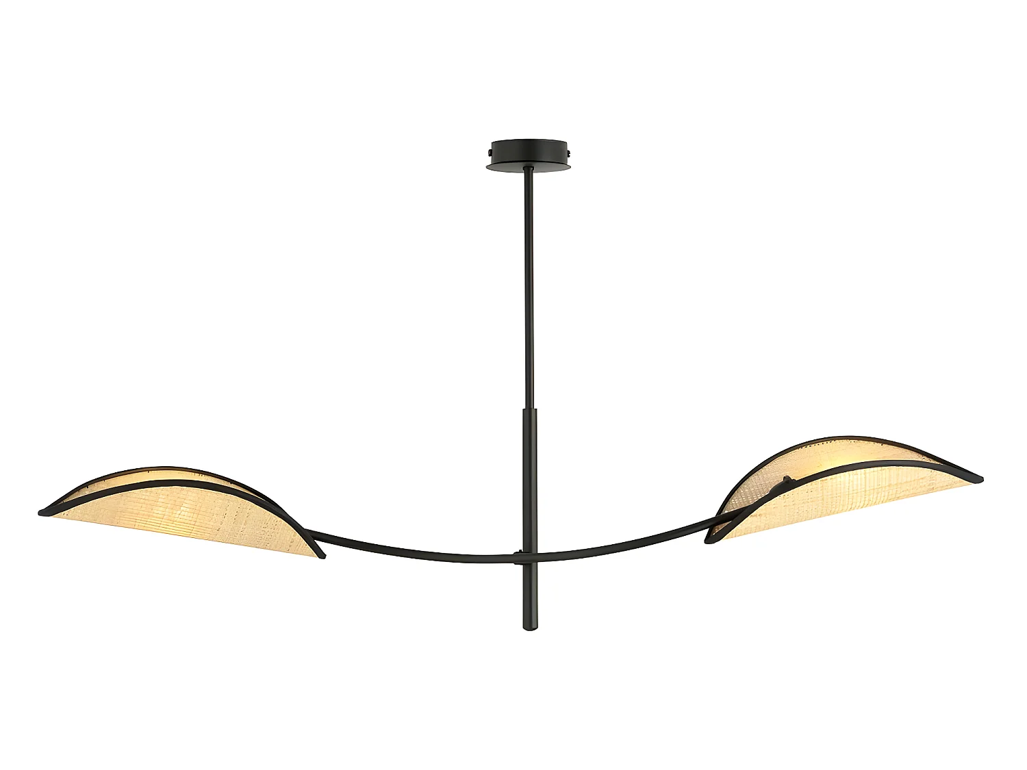 Hanglamp Flik met 2 bladvormige stoffen kapjes van rotan en zwart 2xE14