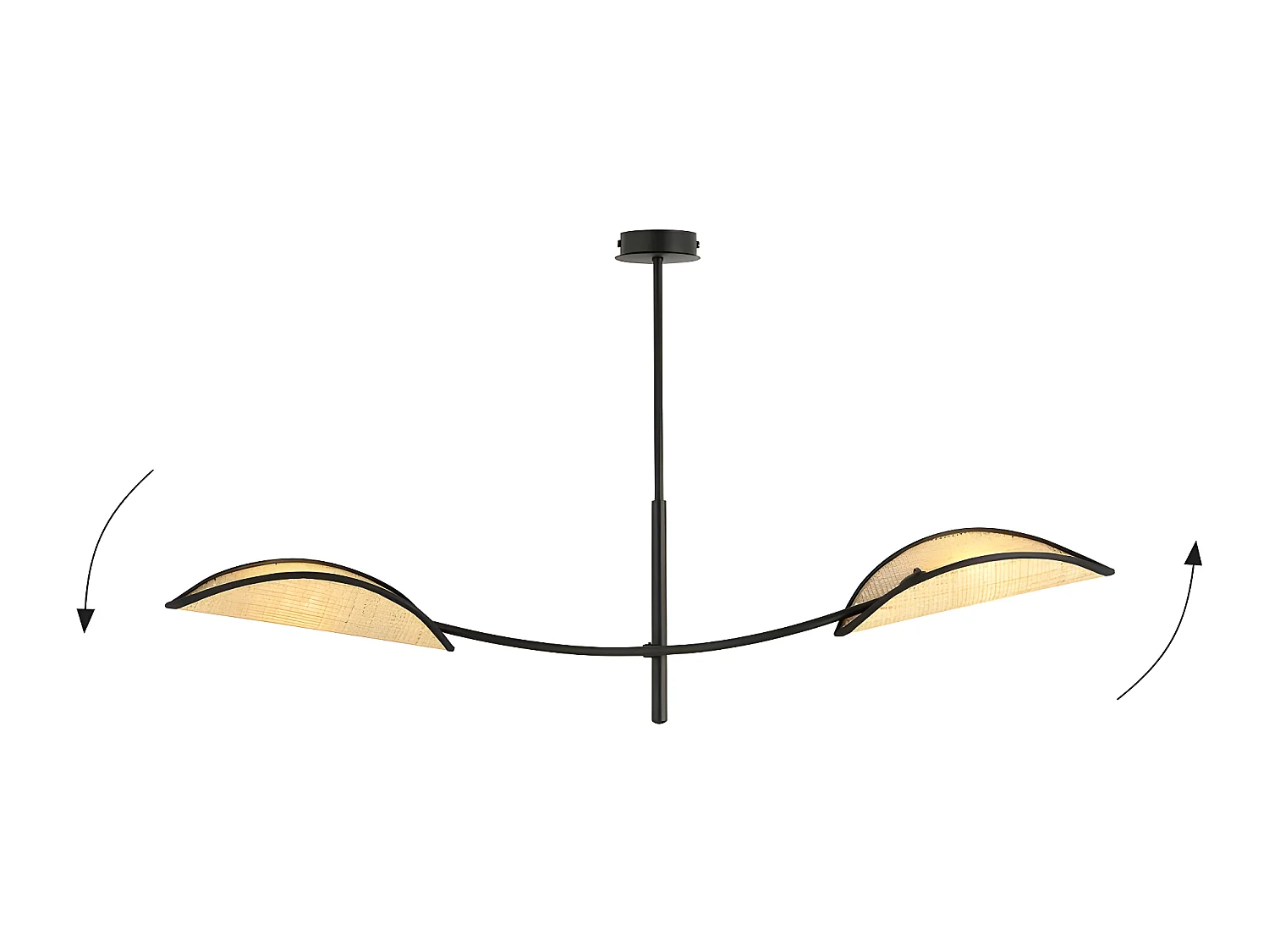 Hanglamp Flik met 2 bladvormige stoffen kapjes van rotan en zwart 2xE14