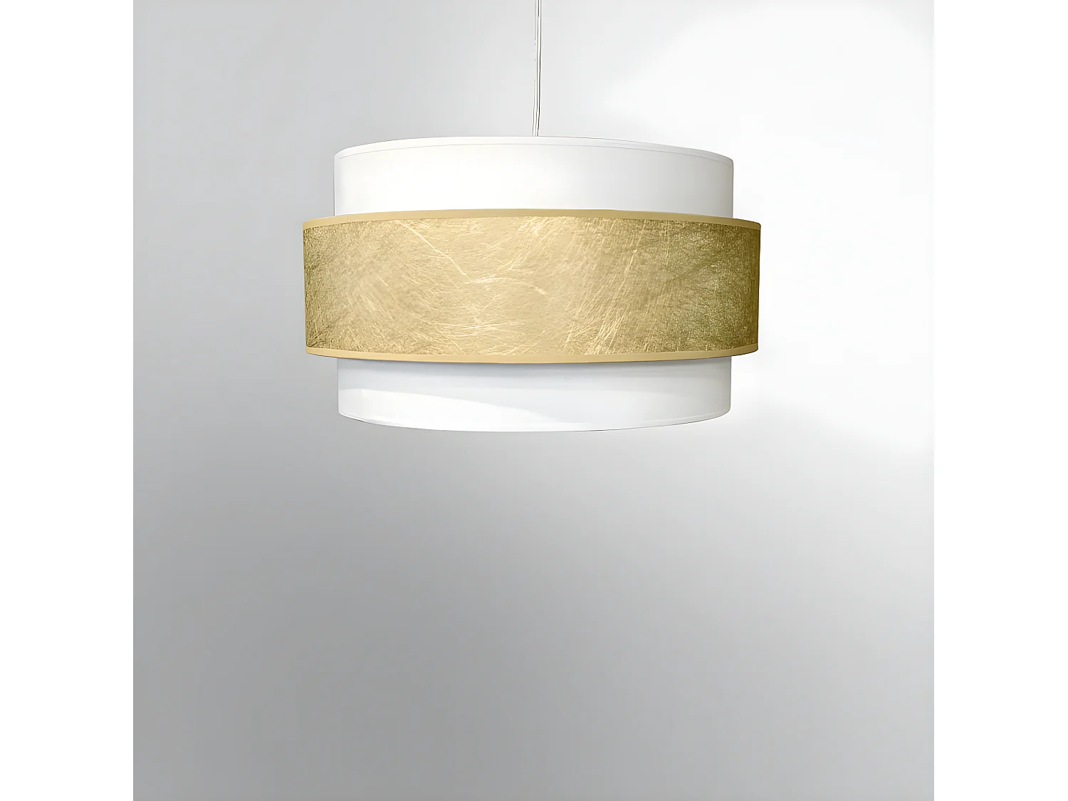 Suspension artisanale Medina avec bande dorée et abat-jour en lin blanc 1xE27 ø40cm