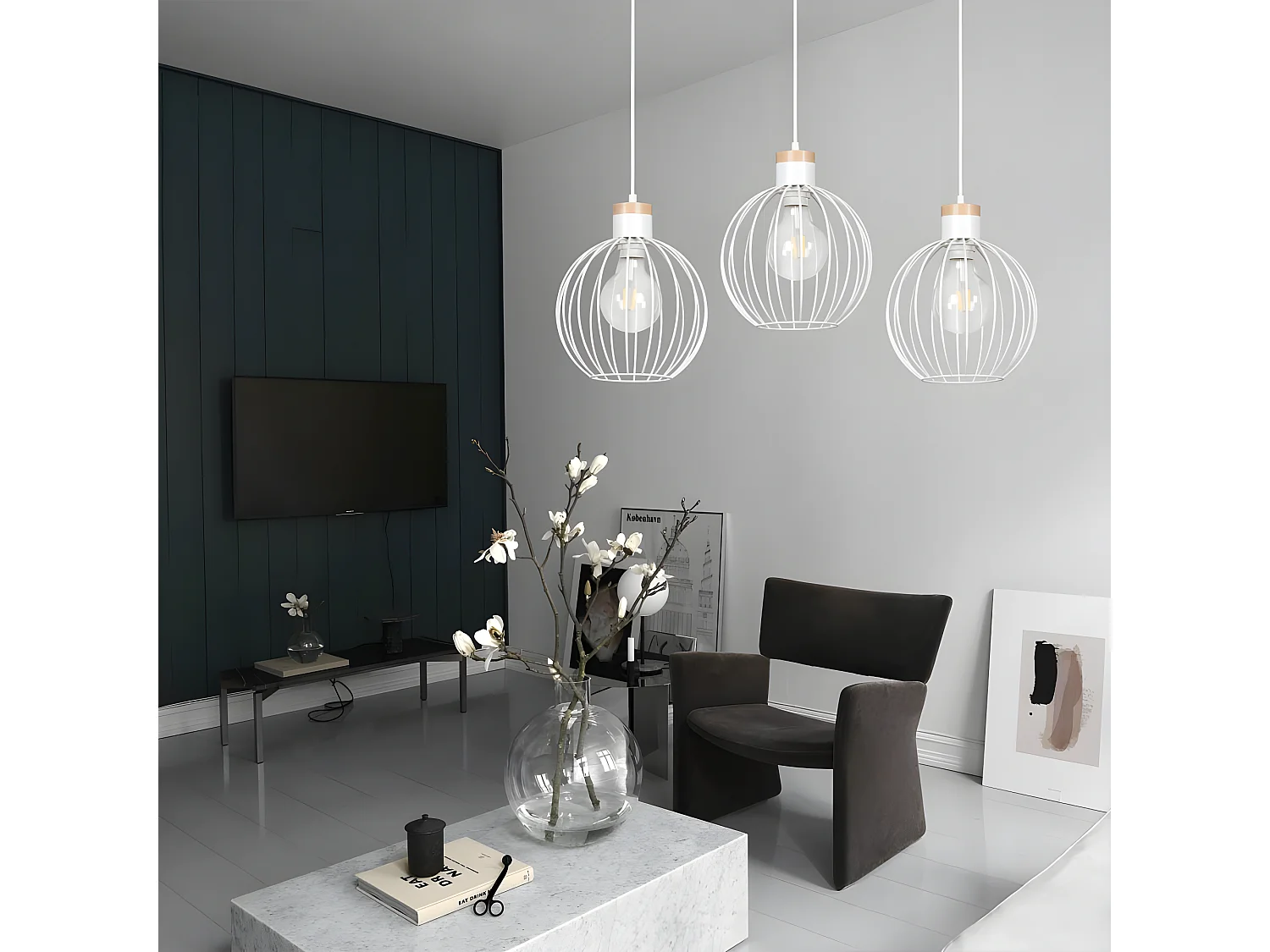 Deckenleuchte Antilla mit 3 weißen Gitterkugeln und 3 E27-Holzstücken