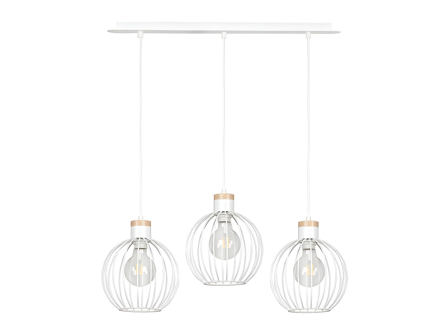 Suspension linéaire Antilla avec 3 sphères grillagées blanches et 3 pièces en bois E27