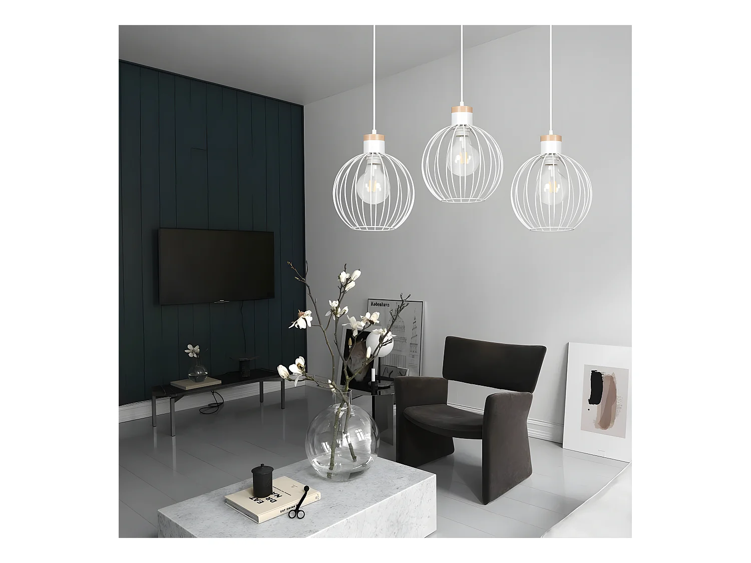 Regleta de techo Antilla nórdico con 3 esferas en rejilla blanco y piezas de madera 3xE27