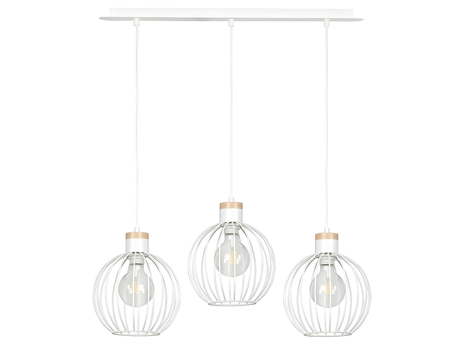 Suspension linéaire Antilla avec 3 sphères grillagées blanches et 3 pièces en bois E27