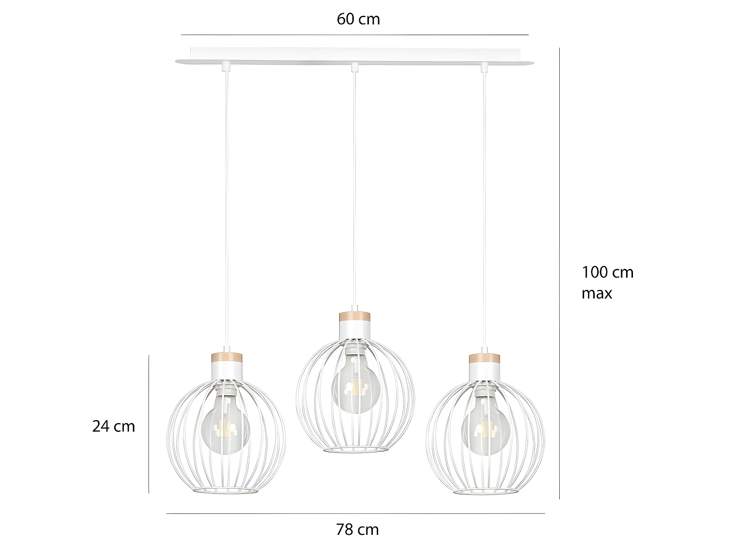 Suspension linéaire Antilla avec 3 sphères grillagées blanches et 3 pièces en bois E27