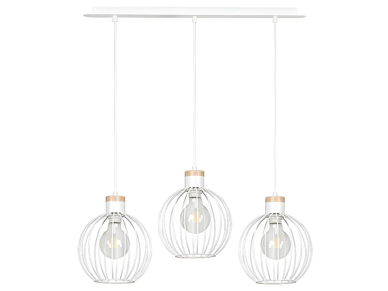 Suspension linéaire Antilla avec 3 sphères grillagées blanches et 3 pièces en bois E27