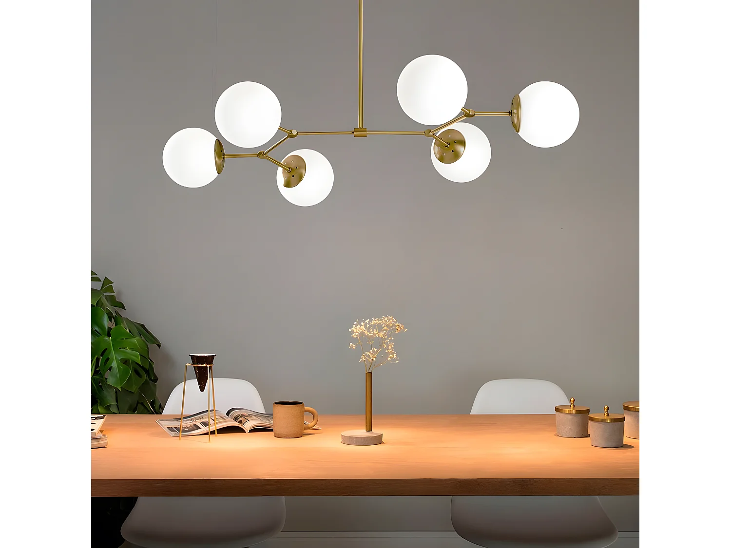 Candeeiro de teto nórdico Mulen ouro envelhecido com 6 bolas de vidro 6xE27