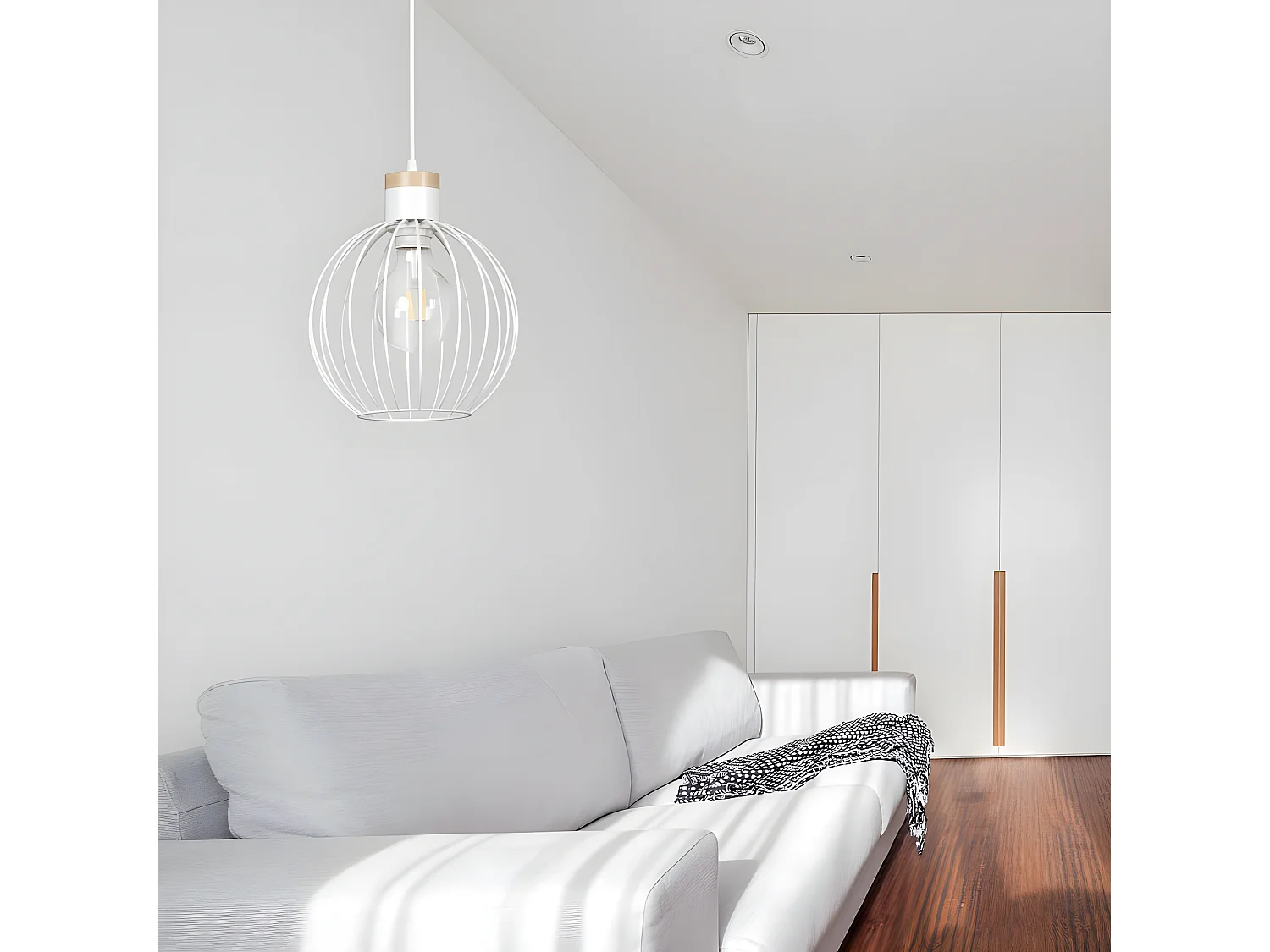 Lampada a sospensione con sfera in metallo su griglia e pezzo in legno 1xE27 ø22cm